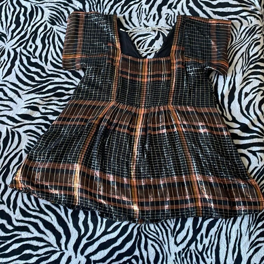 Free people metallic gold plaid square neck short sleeve dress urban outfitters